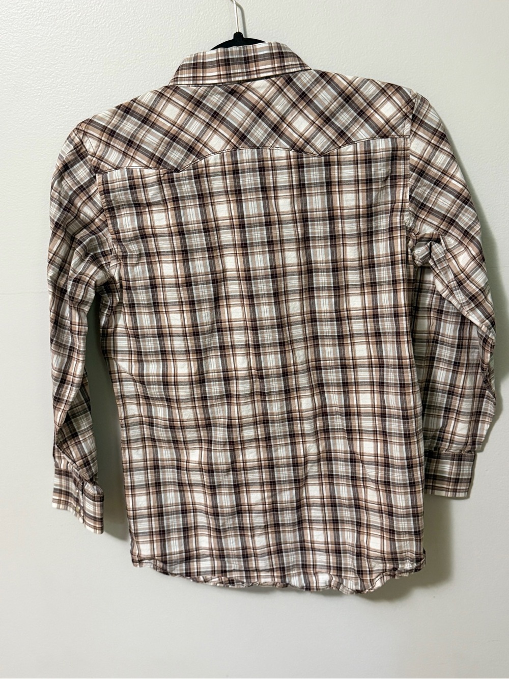 Wrangler Retro Boys Pearl Snap Western Plaid Shirt Brown Blue Size L 10-12 - Picture 3 of 5